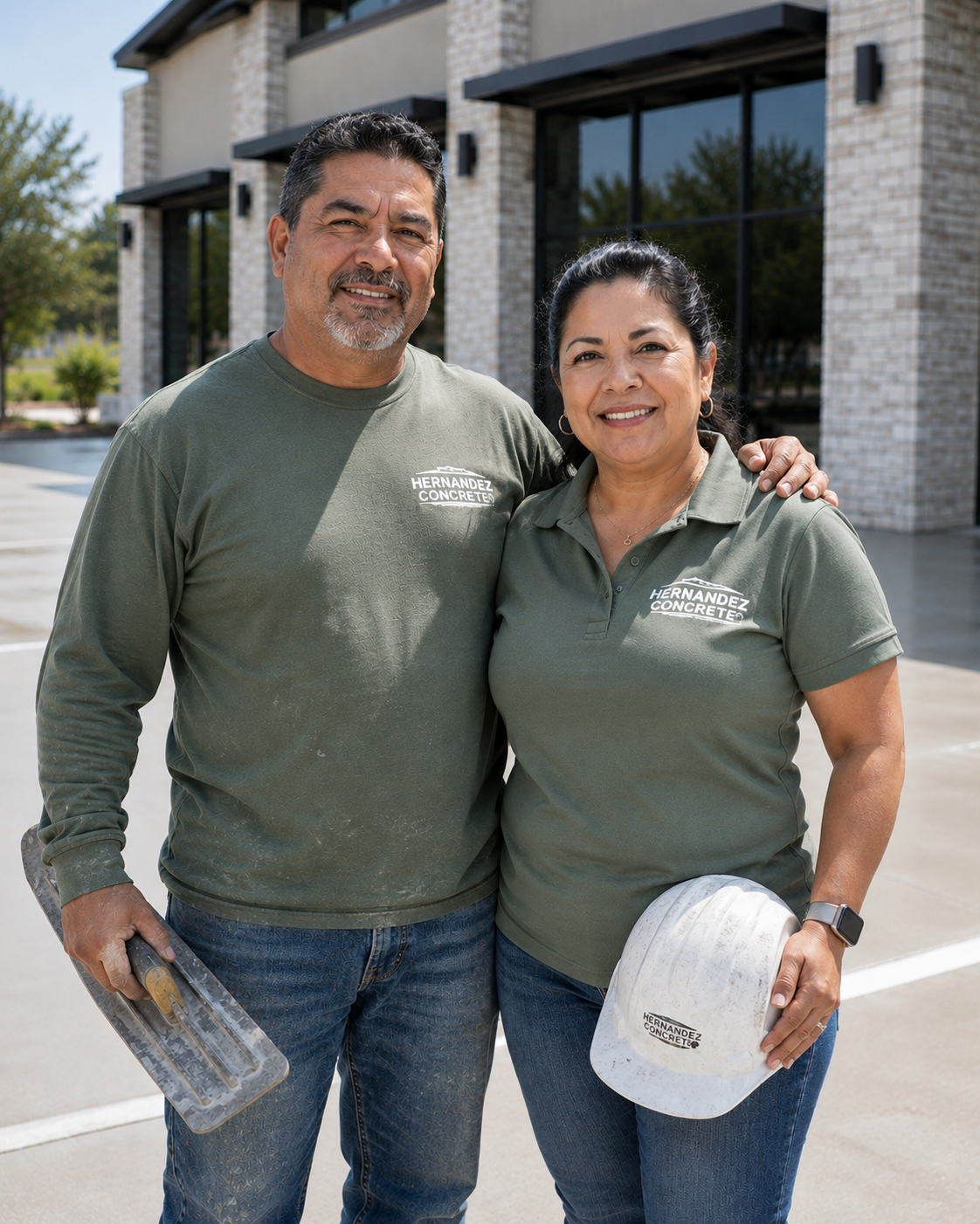 Two business owners in branded work shirts standing proudly in front of their company building.