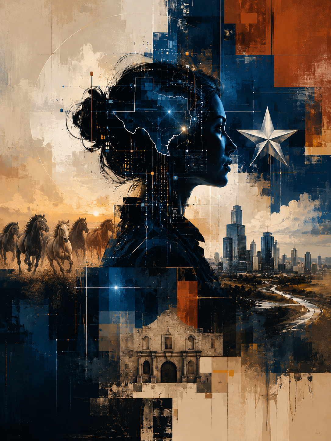 Abstract painting of a woman's profile in deep blue filled with the Texas map and data constellations, framed by a lone star, running horses, a city skyline, and mission architecture in rust and cream tones.