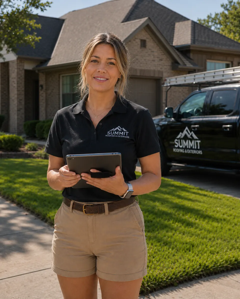 A Summit Roofing & Exteriors professional standing in front of a branded work truck, ready to serve homeowners.