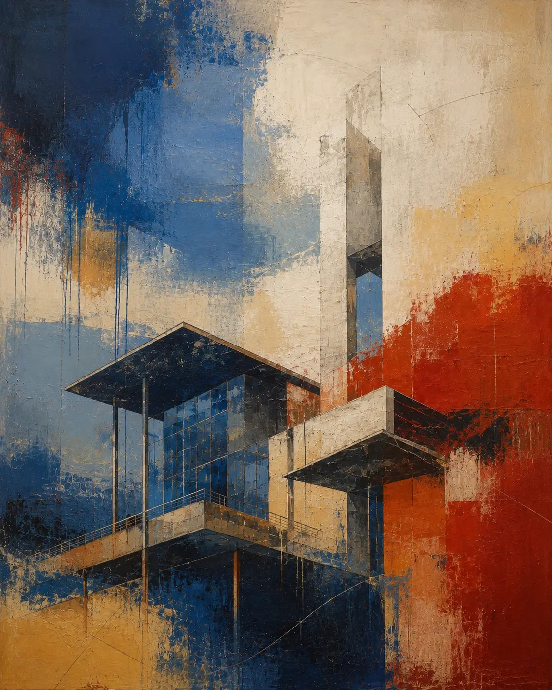 Abstract painting of cantilevered concrete and glass structures against blue, cream, and red color fields