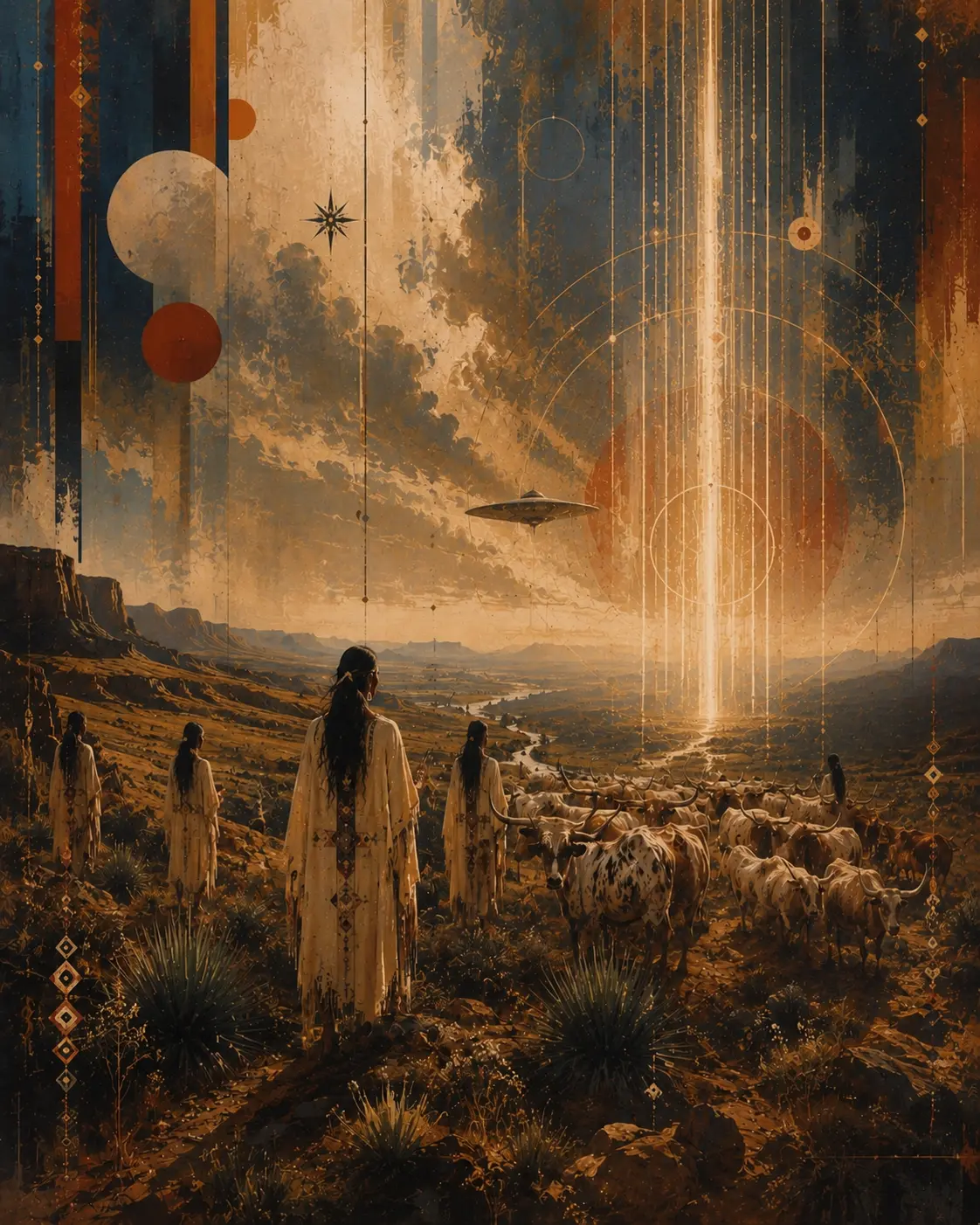 Abstract painting of a Texas valley at golden hour: robed figures on a ridge watching a longhorn drive move toward a column of light, with a silver disc in the sky and layered rust, ochre, and deep blue color fields.