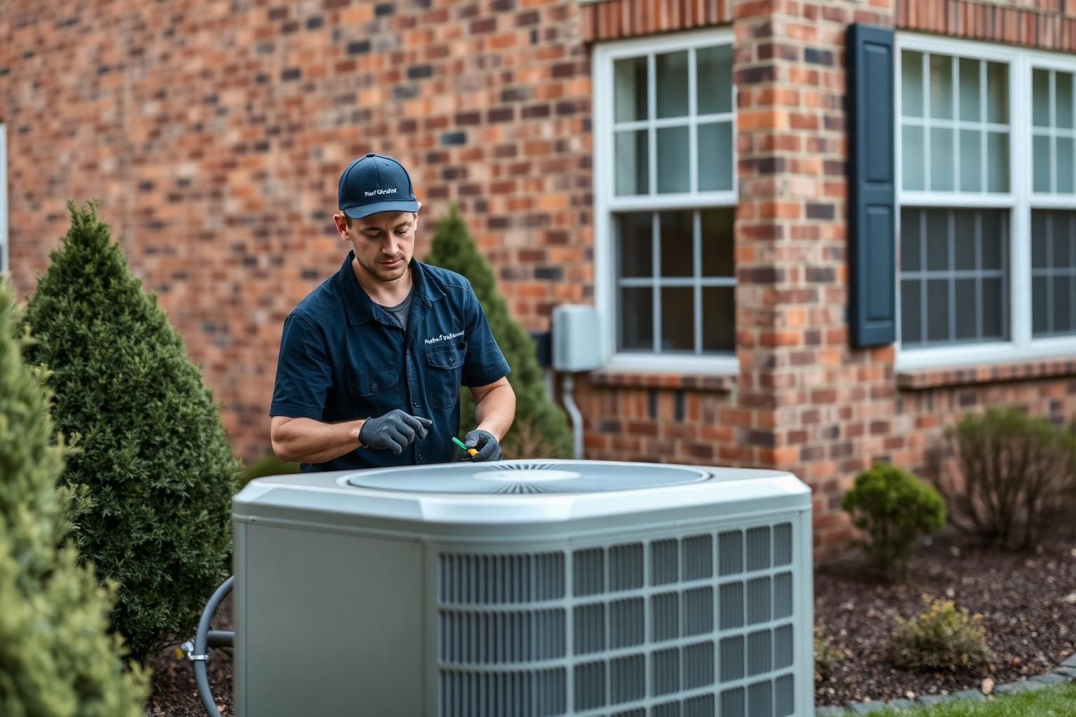 Two HVAC technicians in uniform working on a residential air-conditioning unit outside a brick home.